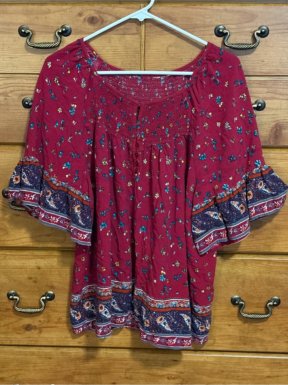 Smocked Boho Peasant Blouse in Burgundy Floral